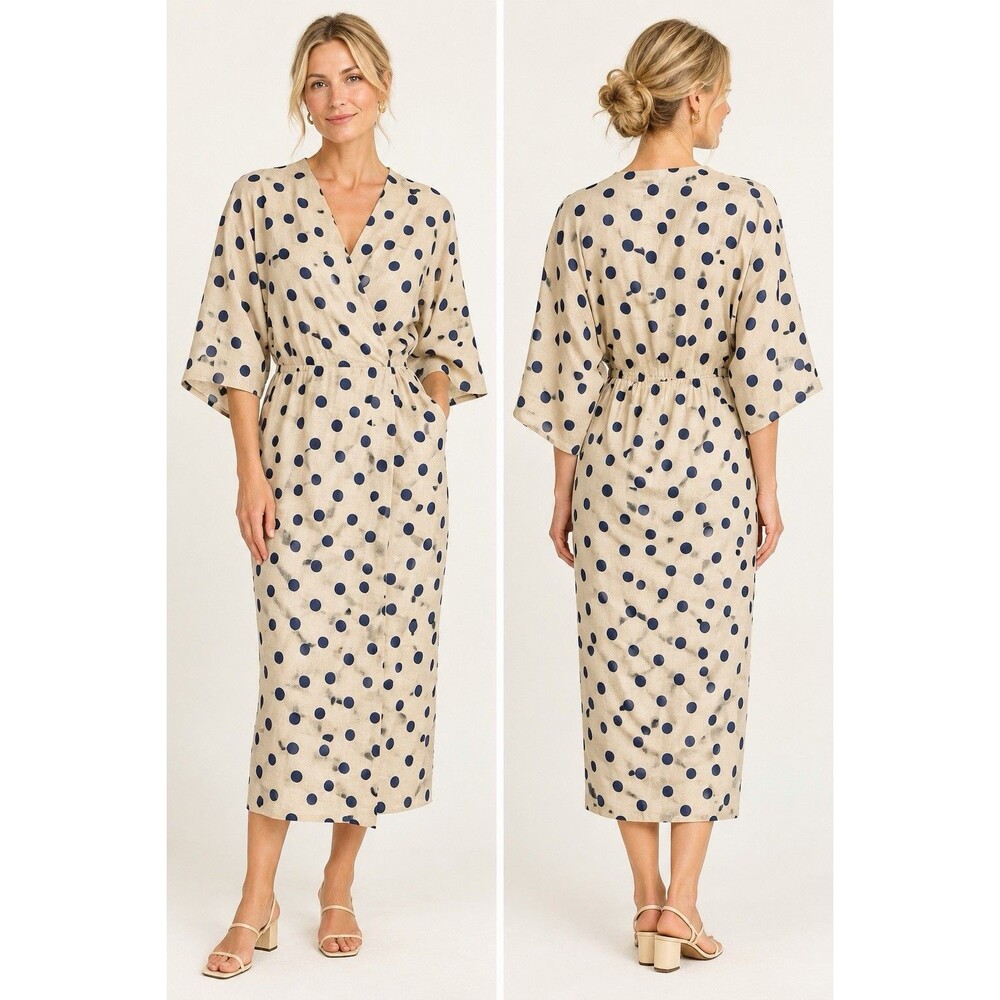 Hanae Mori Boutique Vtg Linen Polka Dot Dress Sz12 Tan Navy VNeck Midi Sheath